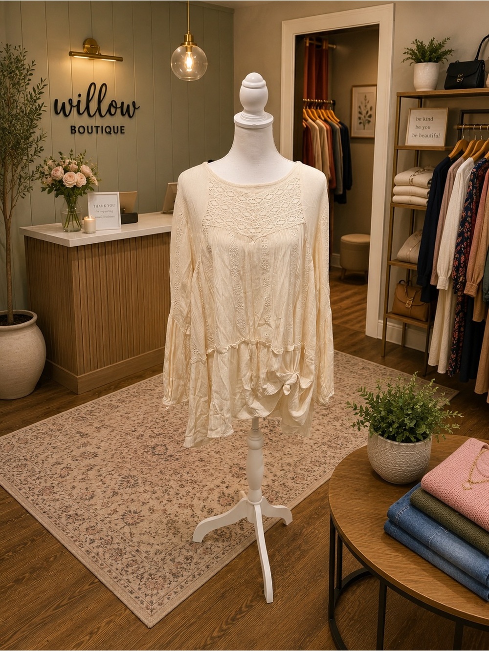 Adiva Cream Lace Eyelet Open Back Boho Tunic Dress Size Large